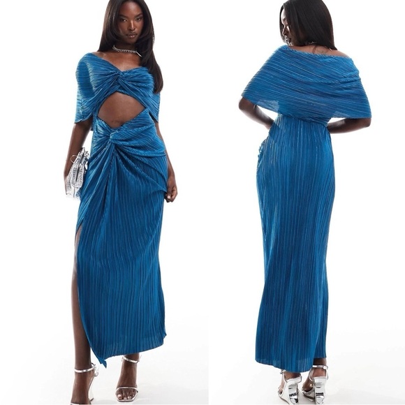ASOS DESIGN two in one fallen shoulder plisse pleat maxi dress petrol blue sz 8 - Picture 1 of 9
